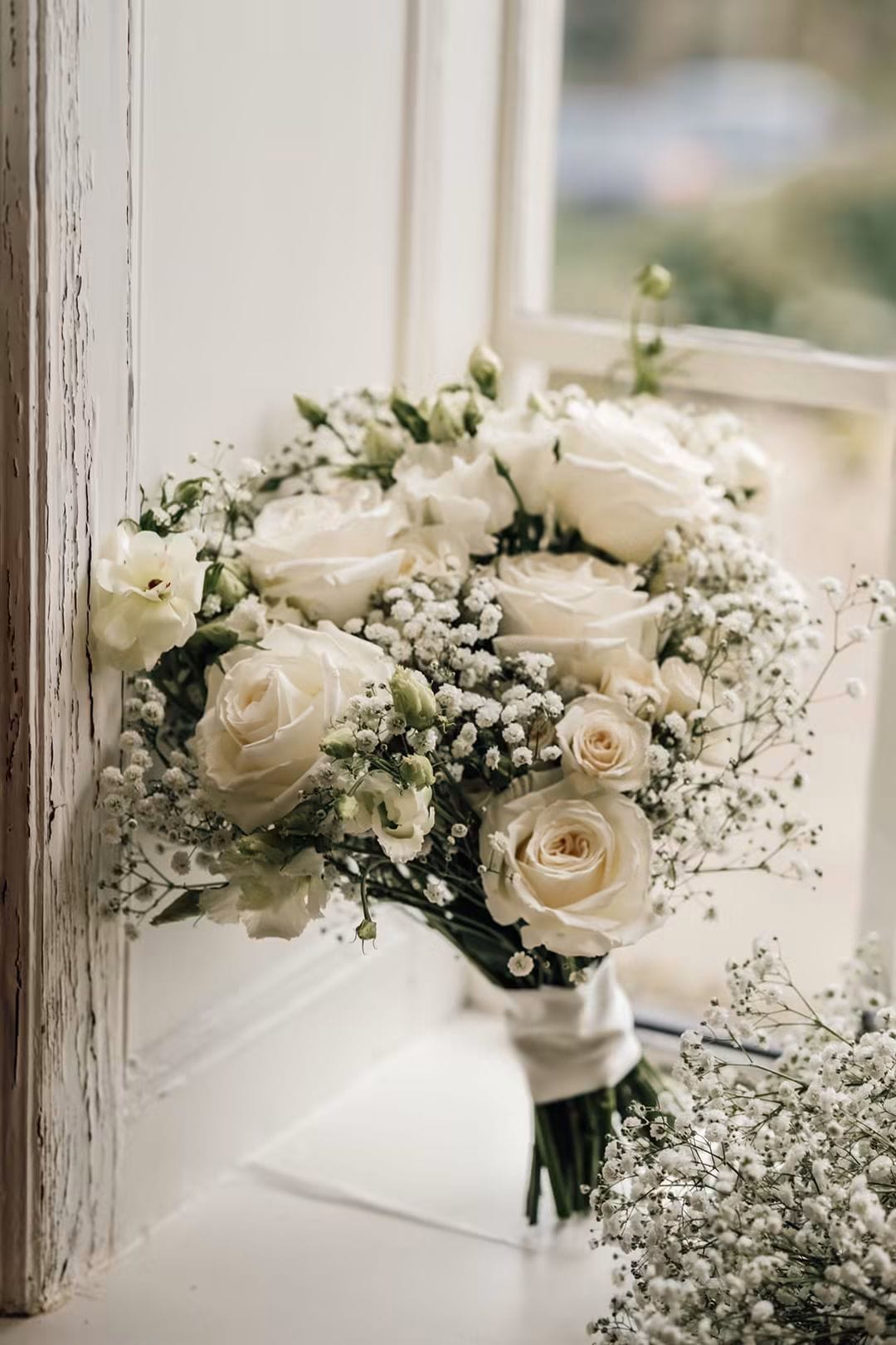 Rounded bridal bouquet with soft pink and ivory flowers tied with ribbon